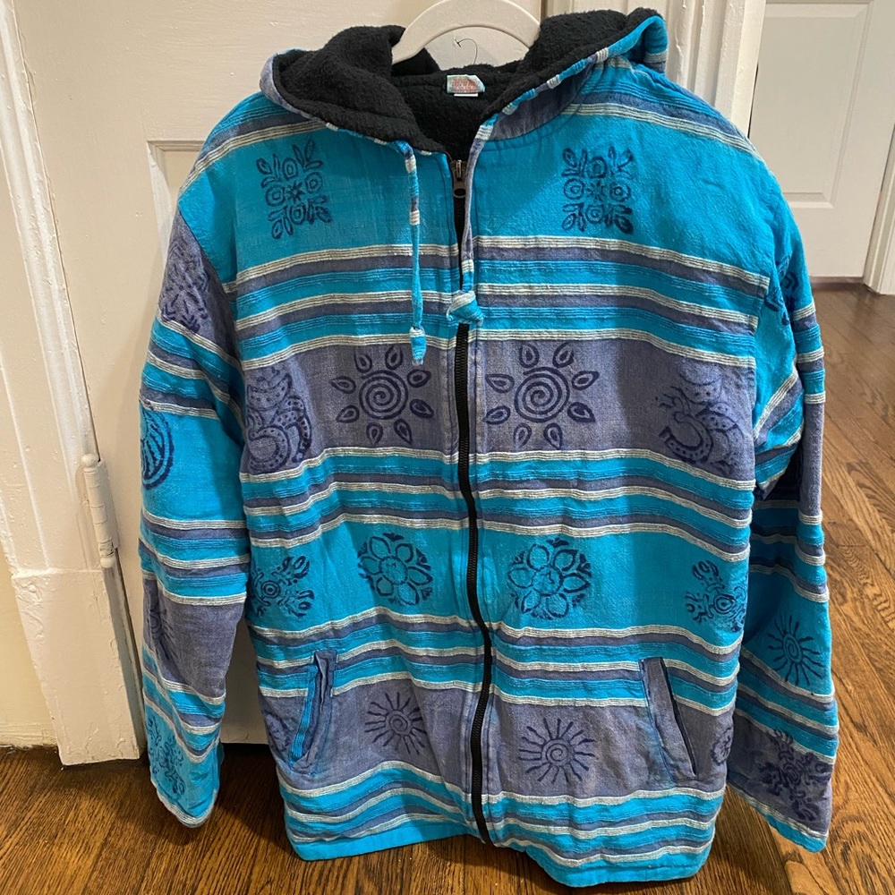 Gypsy Rose Hoodie Bright Blue Indian Print Knit Sweater